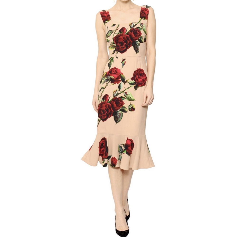 DOLCE & GABBANA GORGEOUS VINTAGE Floral Beige Dress with Red Roses size Large/46